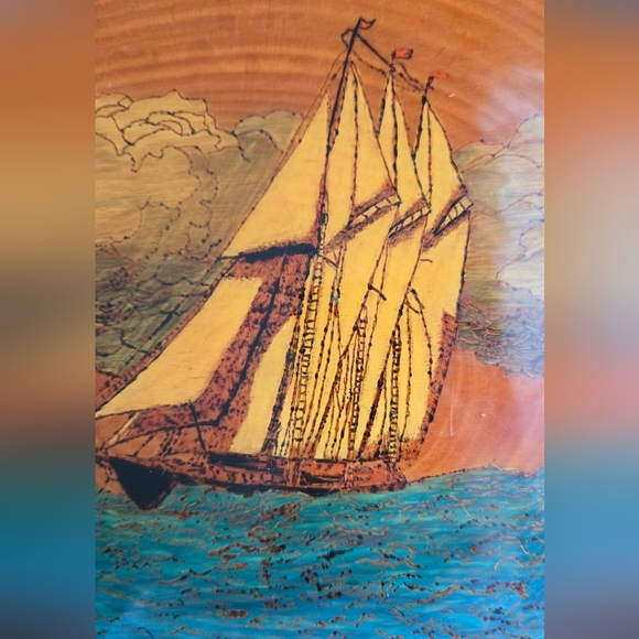 Vintage Handmade Nautical Wood Slice Etched Ship Art Wood Burning Ocean - Picture 3 of 10